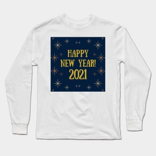 happy new year! 2021 holiday blue gold yellow stars pattern Long Sleeve T-Shirt